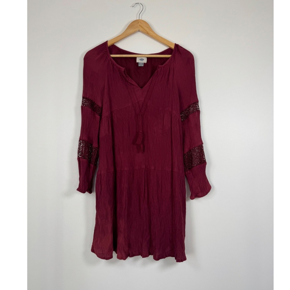 Old Navy Dress‎ Womens SP Burgundy Boho Crochet Lace Tassel Long Sleeve Shift